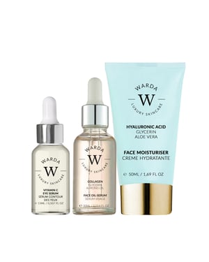 Skin Glow Boost Vitamine C Oogserum 15ml + Collageen Huidverstevigende Boost Olie Serum 30ml + Huid Hydratatie Boost Hyaluronzuur Moisturizer 50ml