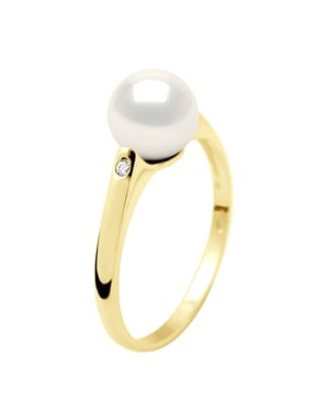 Ring Solitaire Diamanten 0,02 Cts - Echte Gecultiveerde Zoetwaterparel Rond 8-9 mm