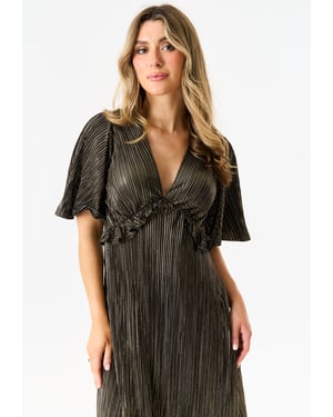 Zwarte metallic plisse maxi jurk