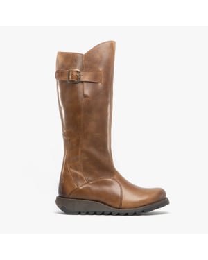 Fly London Dames Camel Brown MOL 2 Leren Wedgesleekte Kniehoge Laarzen met Ritssluiting