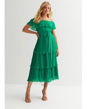 Groene gestreepte bardot midaxi jurk