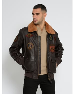 Top Gun leren jas TG2023004 met lamsleren kraag