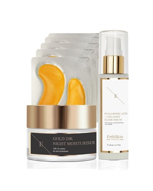 ANTI-WRINKLE NachtMOISTURISER 24K GOUD+COLLAGEN GOUD ONDER OOG PATCH 24K GOUD - 5X2 PADS + Hyaluronzuur & Collageen Serum - 60ml
