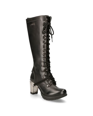 New Rock M-TR005-S1 Dames Kniehoge Zwarte Gothic Hoge Hakken Laarzen