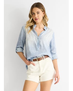 Blauwe denim look oversized top met opgerolde mouwen