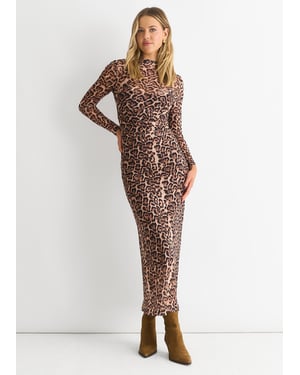 Bruine mesh jersey maxi jurk met dierenprint