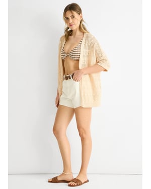 Beige gehaakt gebreid vest met rand tot rand