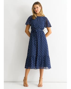 Navy vlek chiffon engel mouwen midi jurk