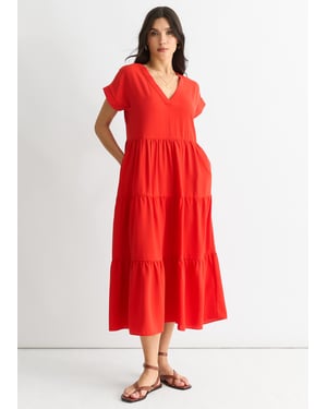 Rode V-hals smock midi-jurk