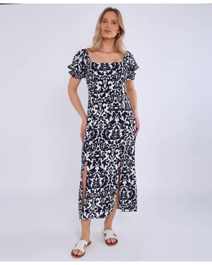 Marine Mouwen Split Viscose Midi Dress