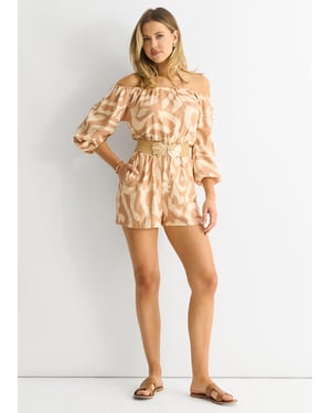 Beige Abstracte Bardot Viscose Playsuit met ceintuur