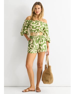 Groen Abstract Bardot Viscose Playsuit met ceintuur