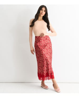 Rood Bloemige Kanten Rand Midi Rok