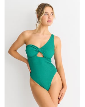 Groen Twist Front One Shoulder Badpak met textuur