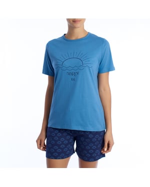 Damen-Sommerpyjama aus 100 % Baumwolle KL40000 Kurzarm-T-Shirt und Shorts, Frühlings-Sommerpyjama