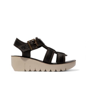 Fly London Dames YUDD236FLY Zwarte Mousse Leren Sandalen Espadrille Platform Wedges
