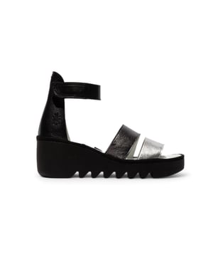 Fly London Dames BONO290FLY Zilver Zwart Idra Leren Sandalen Espadrille Wedges