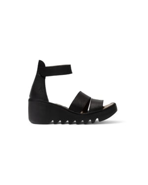 Fly London Dames BONO290FLY Zwarte Mousse Leren Sandalen Espadrille Wedges