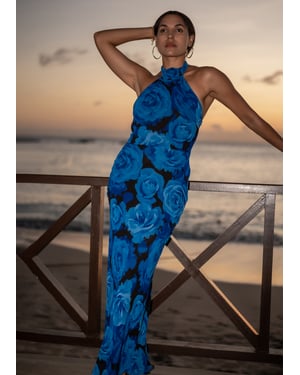 Blauwe Bloemen Gelegenheid Halter Maxi Jurk