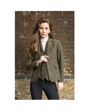 Olijfgroene 2-delige set van tweedblazers en gilet met visgraatmotief voor dames