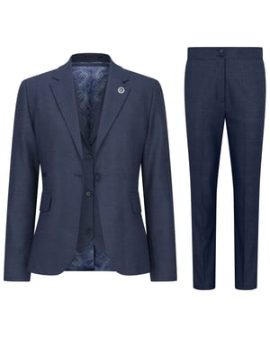 Marineblauw driedelig getailleerde damespak met Prince of Wales-ruit