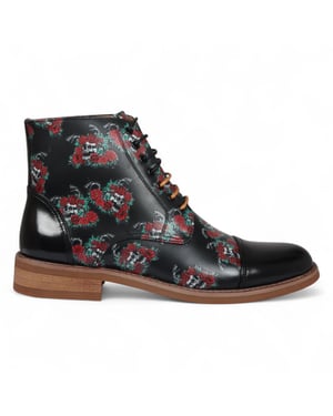 Justin Reess Heren Zwarte Oxford Enkellaarsjes van Leer met Bloemenprint - Adam Skull