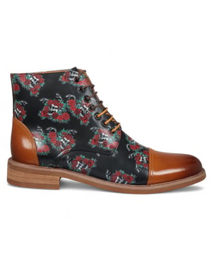 Justin Reess Heren Bruine Oxford Enkellaarsjes van Leer met Bloemenprint - Adam Skull