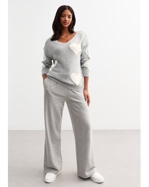 Grijze V-hals oversized gebreide hart trui