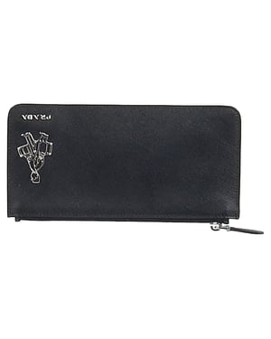 Prada Bellhop Gevoerd Sleutelhanger Portemonnee in Zwart Saffiano Leer