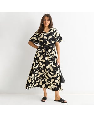Florale V-hals Midi-jurk met Elastische Taille