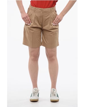 Dubbelgeplooide stretchkatoenen shorts met riemlussen in beige