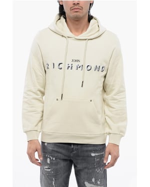 Geborstelde katoenen hoodie met geborduurd logo in beige