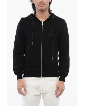 Geborstelde katoenen hoodie met rits en strass-stammotief in zwart