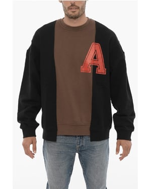 Fleece katoenen VARSITY sweatshirt met ronde hals in Marrone, Nero