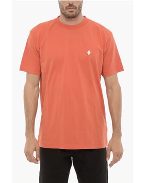 Effen T-shirt met ronde hals en kruisborduursel in oranje