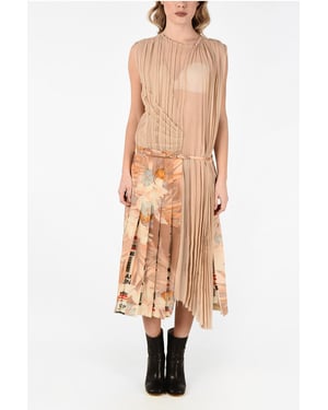MMO Accordeon maxi asymmetrische jurk met bloemenprint van zijdemix in beige