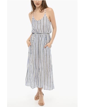 Awning gestreepte linnen maxi-jurk met riem in Bianco, Blu