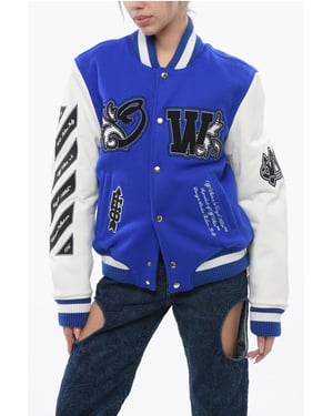 Gewatteerd ROYAL Bomberjack met leren mouwen en all-over print in blauw