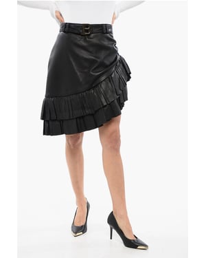 Asymmetrische leren minirok met logo-riem in zwart