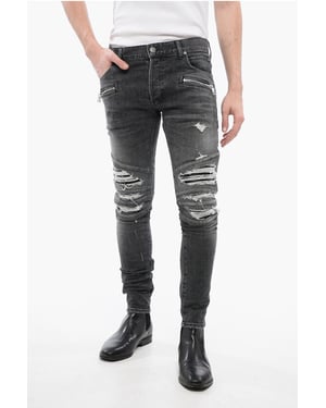 Denim broek met meerdere zakken en leren biker-inzetstukken, maat 1, grijs