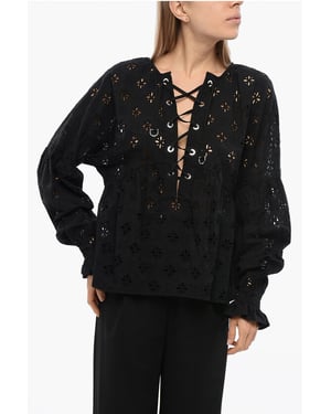 SBERTOLI-blouse met vetersluiting en broderie anglaise in zwart