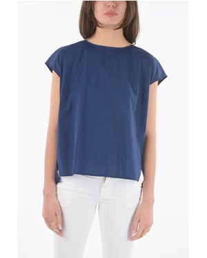 Blouse van Popeline-katoen met korte mouwen in blauw