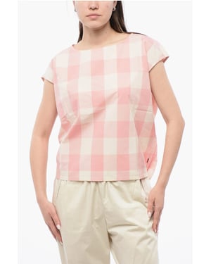 Mouwloze blouse van katoen met ruitjesmotief en trekkoord in de kleuren wit, roze