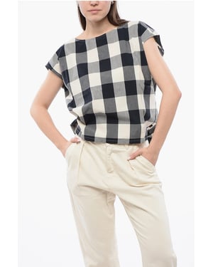 Mouwloze blouse van katoen met ruitjesmotief en trekkoord in wit, blauw en grijs