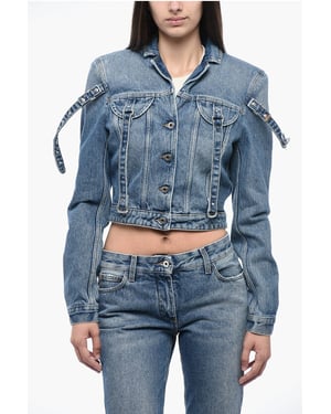 Cropped denim jack met harnasdetail in blauw