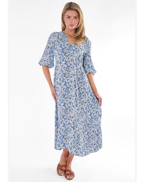Midi-jurk met blauwe bloemenprint in viscose