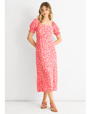 Roze Dierenprint Vierkante Hals Viscose Midi Dress