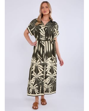 Khaki Tropical Print Midi Overhemdjurk