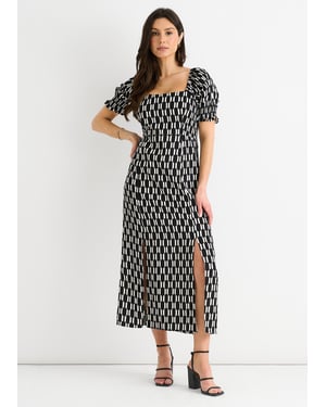 Zwarte geoprint midi-jurk met vierkante hals