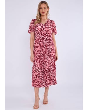 Roze dierenprint geplooide midi-jurk